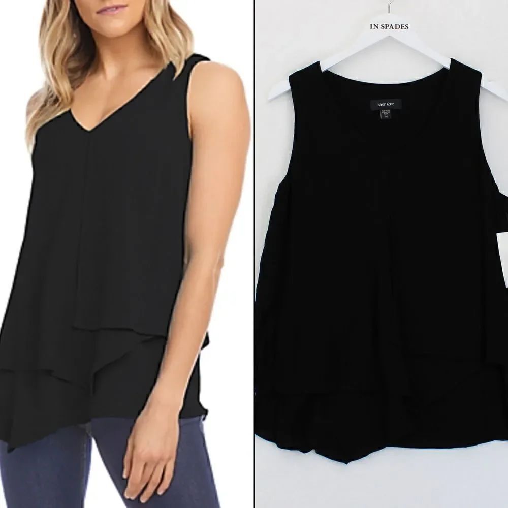 Karen Kane V-Neck Layered Asymmetrical Tank in Black